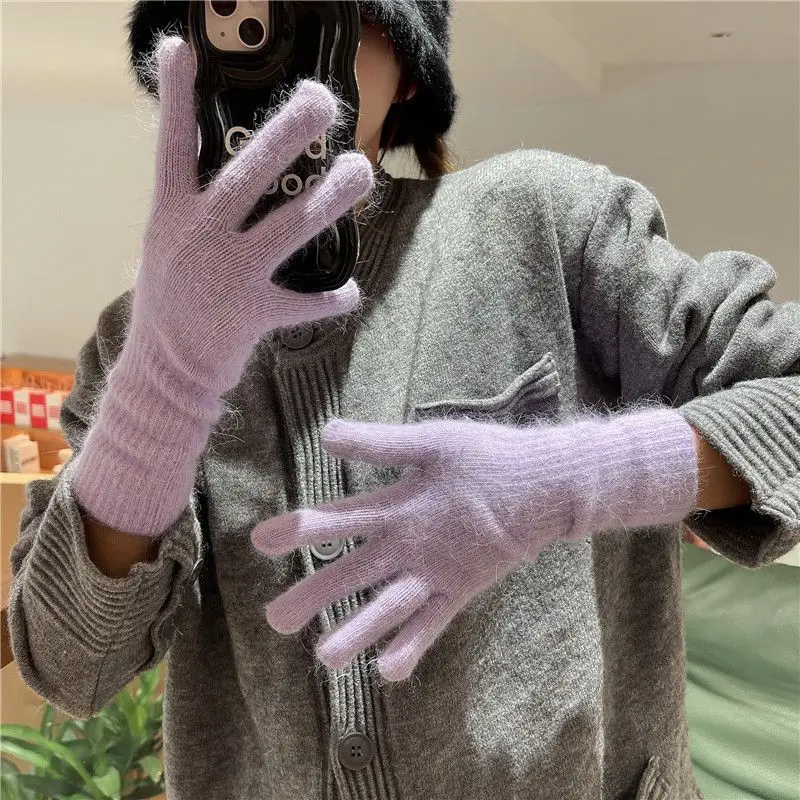Striped Thermal Knitted Gloves Rabbit Fur Thickened Autumn Winter Warm Gloves Windproof Cold Resistant Knitted Gloves