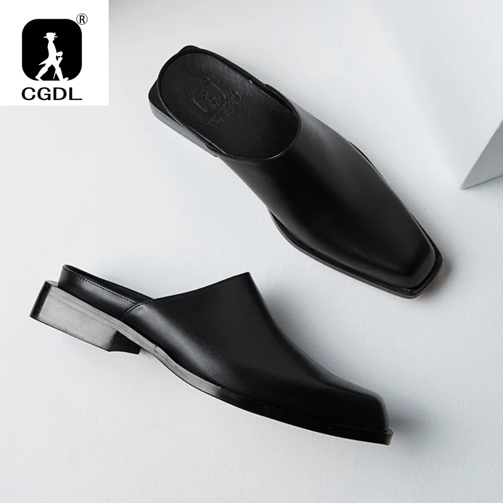 

Men's Half Slippers Italian Leather Slippers Men Mules Summer Shoes High Quality Big Size 36-44 Slip on Flats Mens Sandals