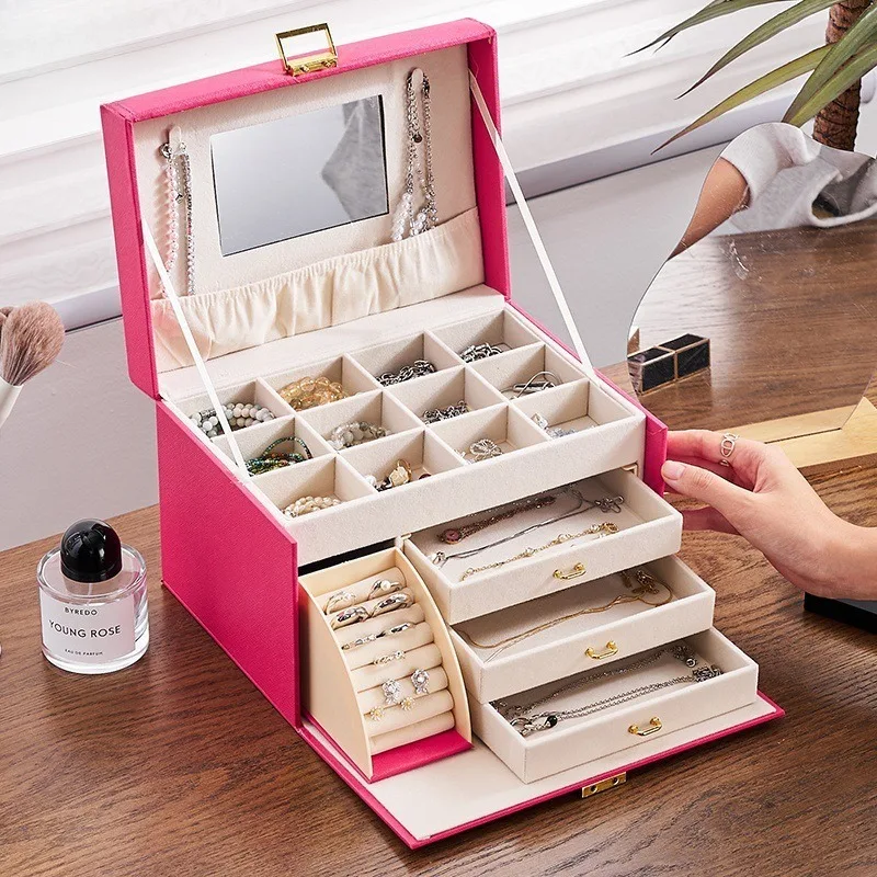 

Кожаная шкатулка для драгоценностей, роскошные коробки для хранения колец и сережек, зеркало, большие ожерелья, браслеты, витрина, органайзер, упаковка, подарок