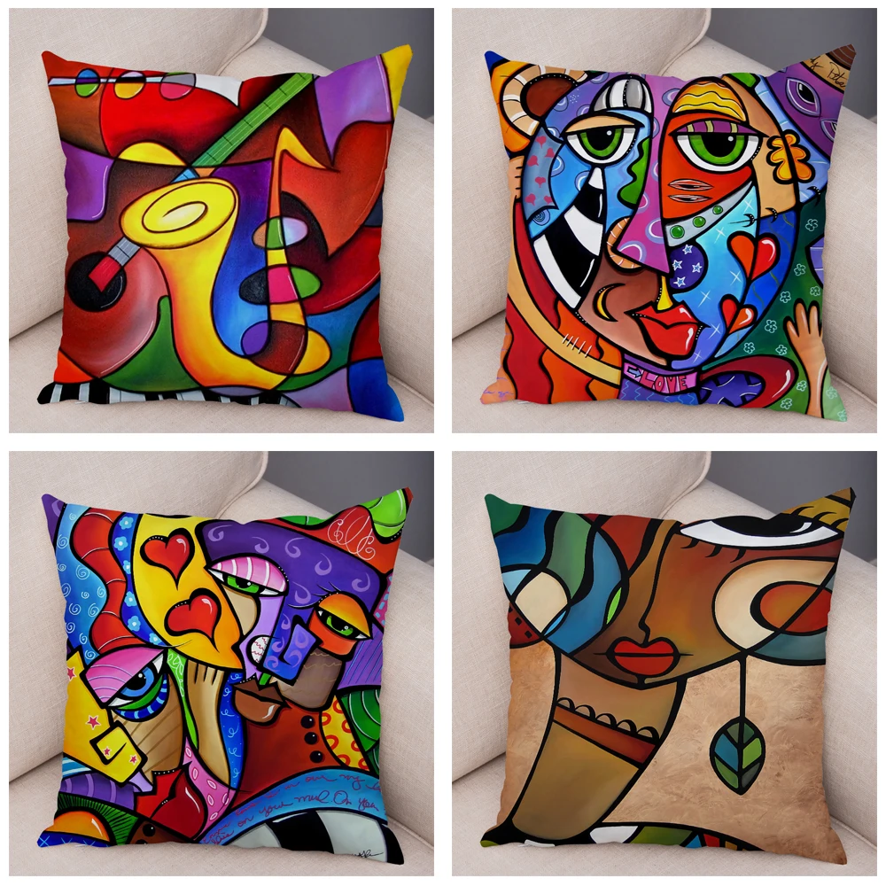 Home Decor Abstract Painting Cushion Cover Decoration Nordic Style Color Cartoon Girl Print Pillowcase Sofa  45x45cm