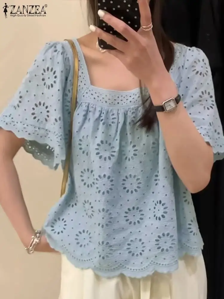 Fashion Lace Crochet Blouse Summer Women Tops ZANZEA Elegant Square Neck Short Sleeve Casual Work Shirt Bohemian Holiday Blusas