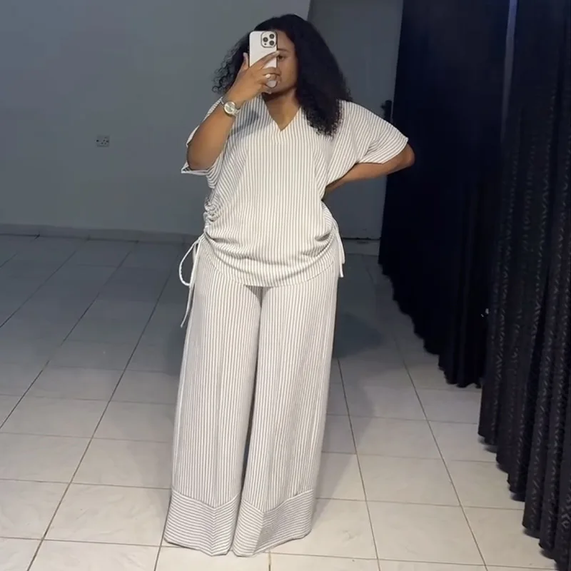 

2026 Casual Loose V Neck Drawstring Short Sleeve Top Long Pants Set Women Spring New Comfortable Slim Fit White Stripe
