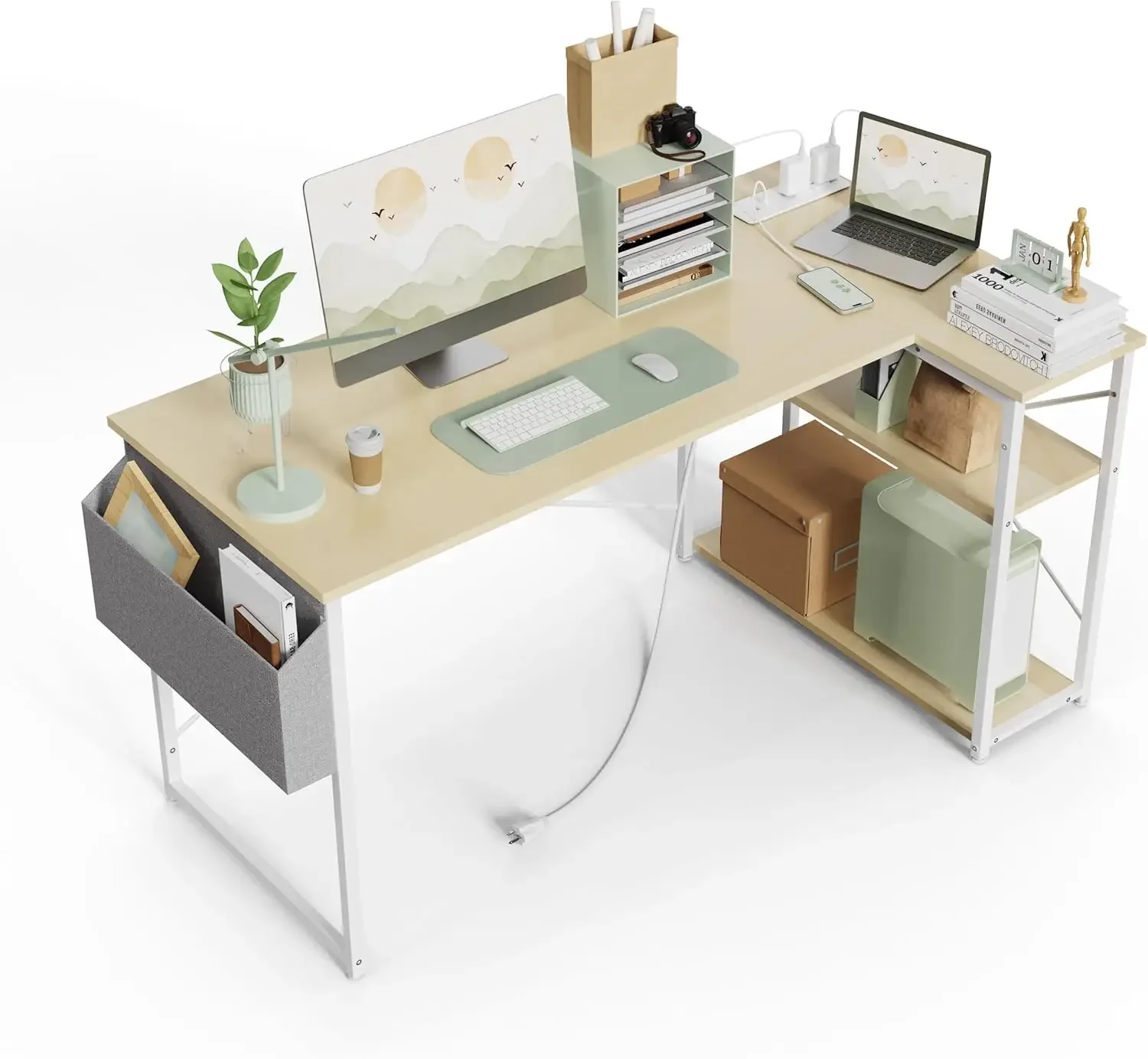 

L Shaped Computer Desk with Power Outlets Gaming Small Corner Desk with Reversible Shelves Study Writing Desk