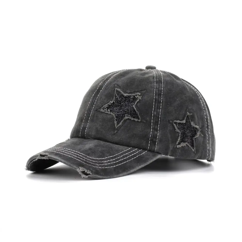 Washed Cotton Baseball Cap Ponytail Hole Vintage Distressed Hat Sequined Star Adjustable Sport Outdoor Sun Hat view 4