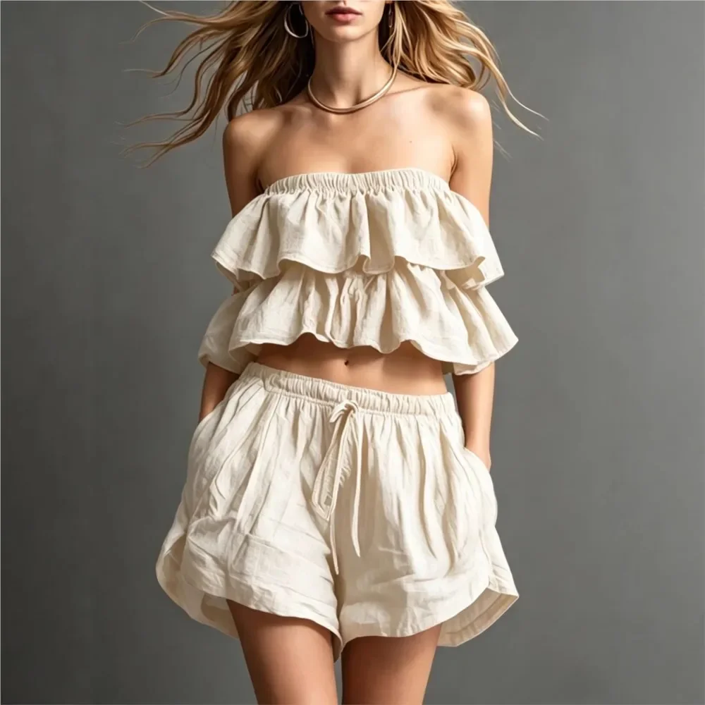 Ruffled Chest-wrapped Short Tops+Shorts 2-piece Set Summer Women's New Casual Cotton Linen Drawstring Shorts Set Костюм Женский