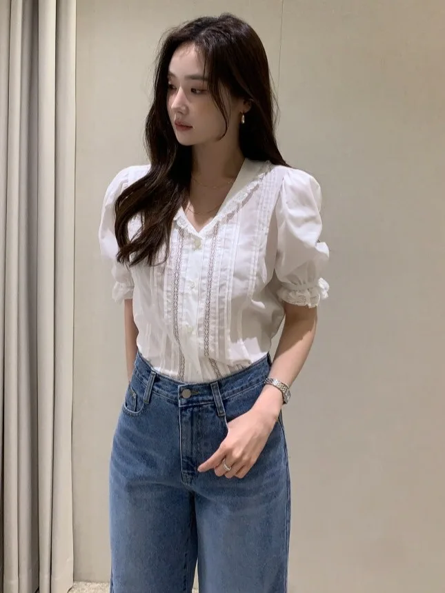 

Chic Doll Collar Lace Trim Bubble Sve irt Women's Slim Fit Sweet Versatile Vertical Stripe Pleated Top Trendy Commute Sle