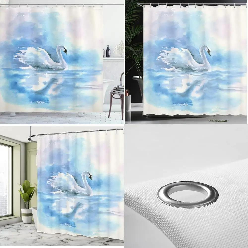

Аква-тонированная акварельная занавеска для душа с изображением лебедя и реки, тканевый аксессуар для ванной комнаты с элегантным искусством лебедя