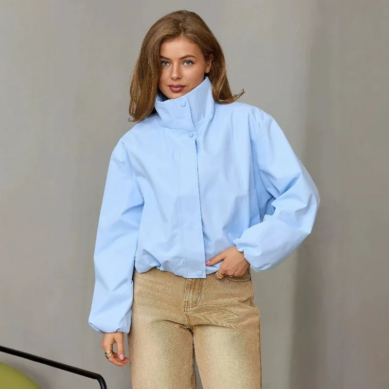 Women's Light Blue Stand Collar Cropped Windbreaker, Spring Autumn Loose Drop Shoulder Zip Up Casual Windproof Jacket