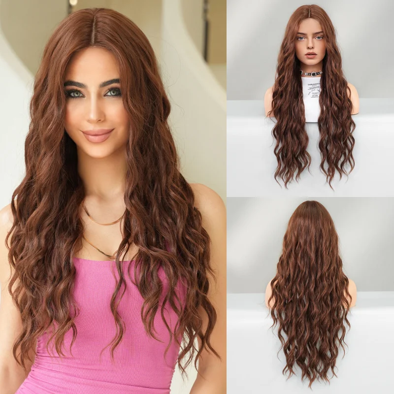 High-quality brown lace front wig for women, hand-crafted natural long curly hair with large waves