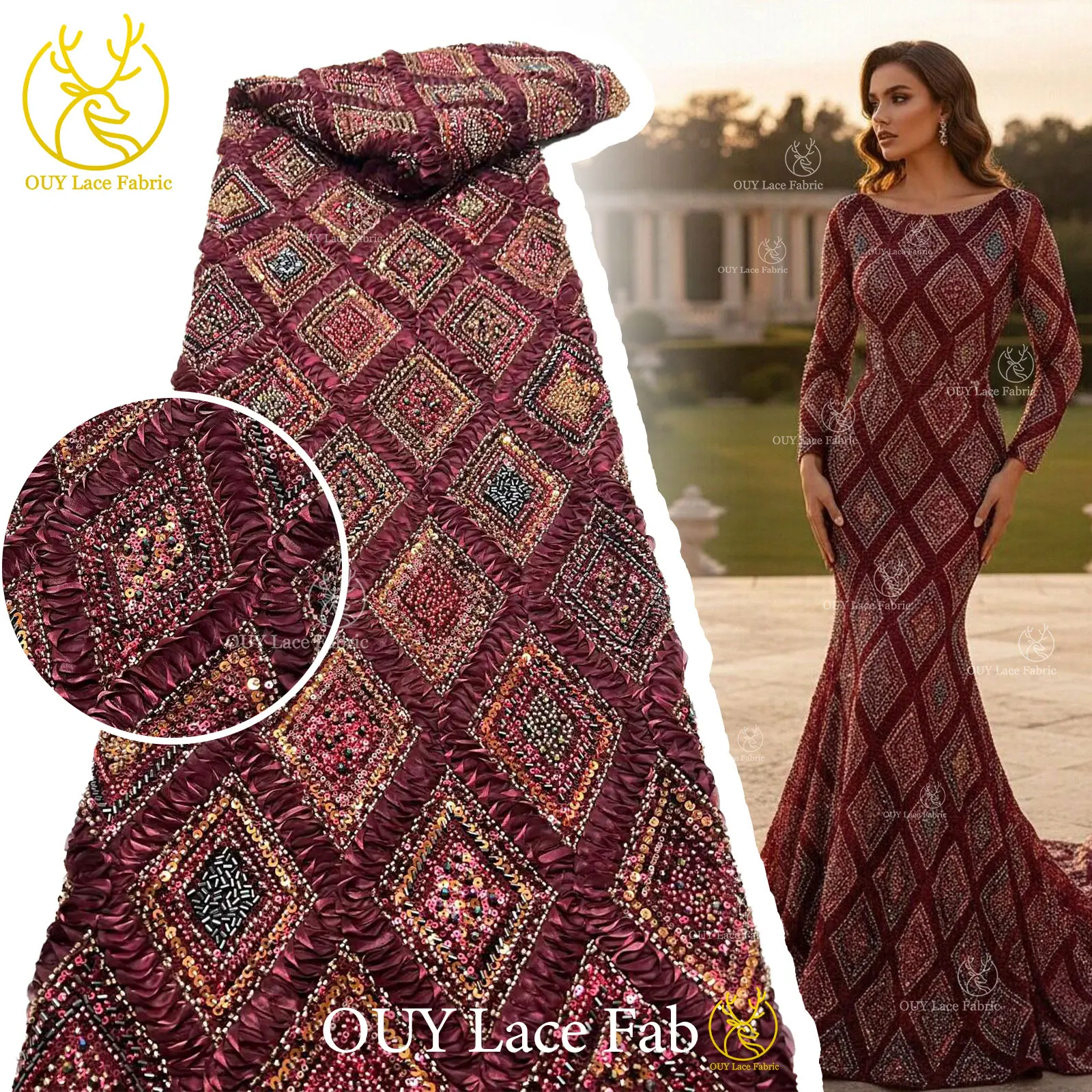 

3D Nigerian Luxury Sequins Velvet Lace Fabric 2026 High Quality Beads African French For Women Wedding Party Dresses Sewing