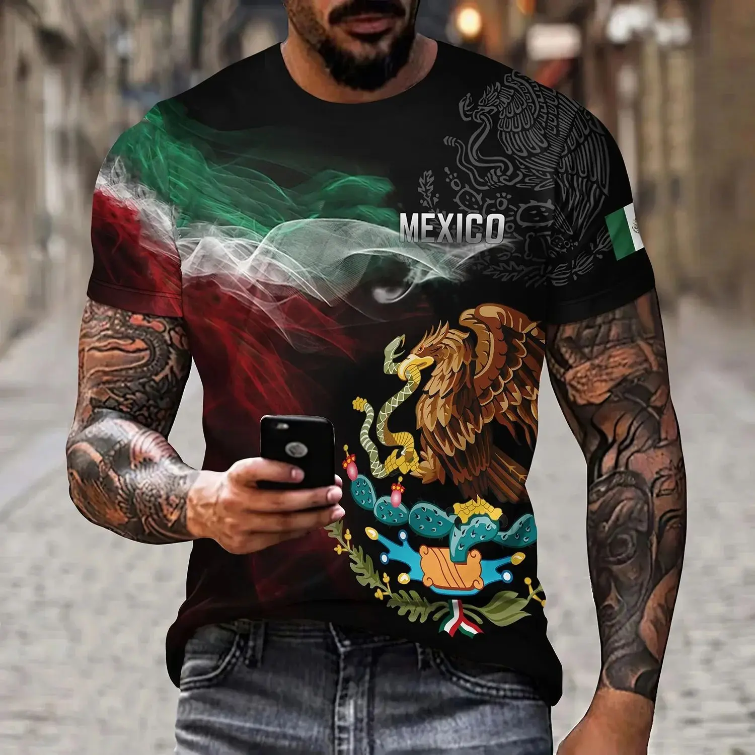 Mexico National Flag Print T-Shirt for Men Fashion 3D Eagle Unbranded Cleanfit PU Leather Sleeve Citywalk Summer 2015