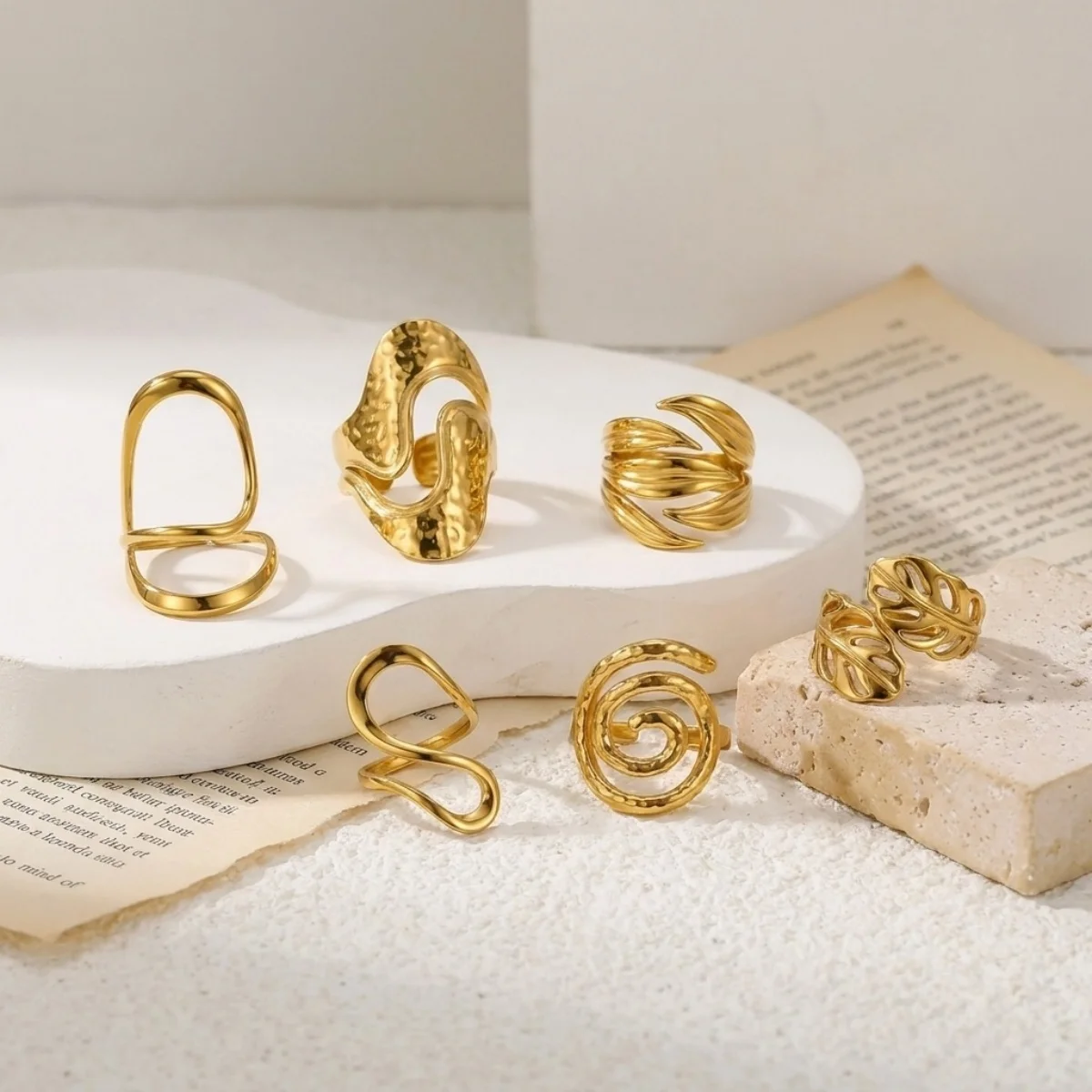 Punk-Ringe aus gehämmertem Edelstahl mit hohlem S-förmigem Blütenblatt- und Spiral-Design für Damen und Herren, trendiger geometrischer stapelbarer Fingerring-Schmuck – Detail 16