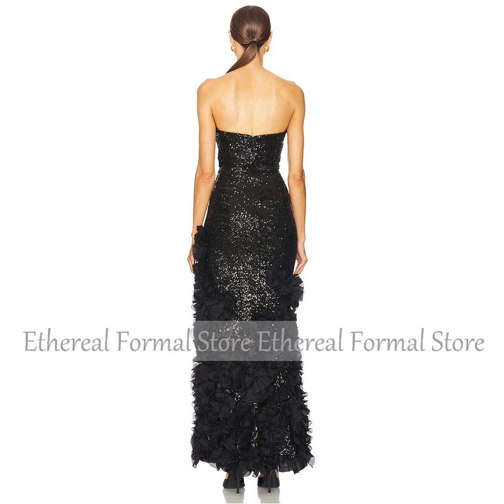 キラキラブラックスパンコールイブニングドレスストラップレス女性のイブニングドレスフリルフロアレングスフォーマルロングパーティードレス
