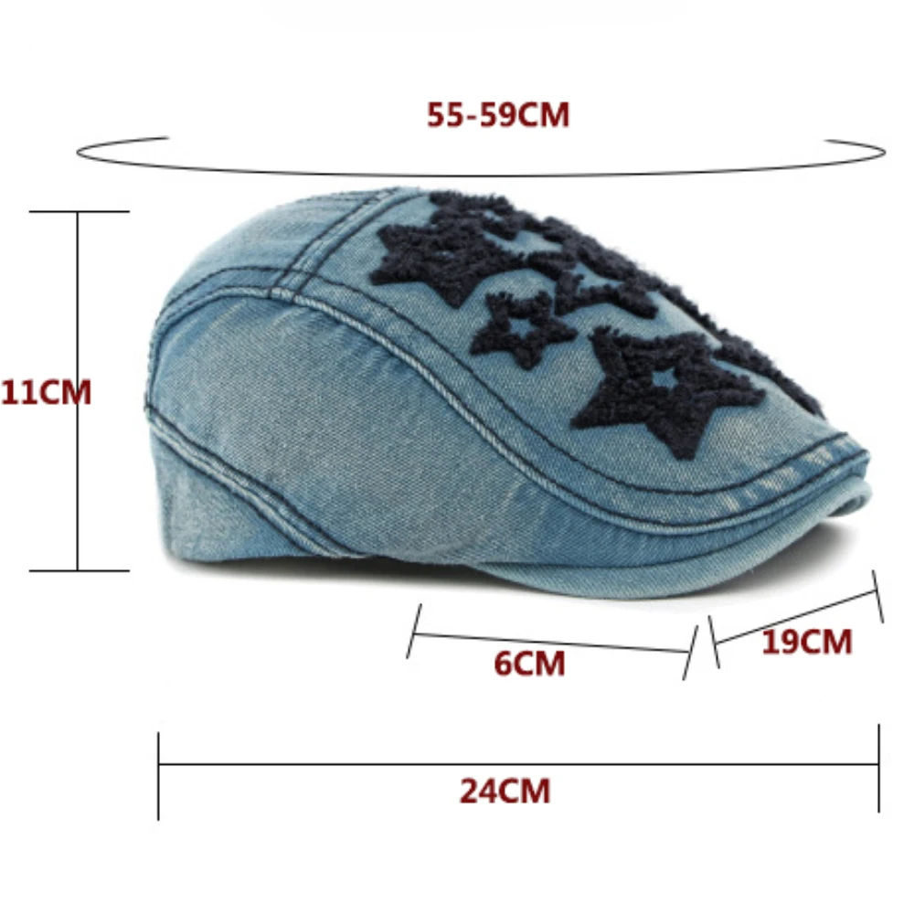 HT4932 Baskenmütze Mütze Frauen Sterne Stickerei Baumwolle Denim Hut Vintage Künstler Maler Baskenmütze Hut Männlich Weiblich Ivy Flache Kappe Herren Berets – Detail 1
