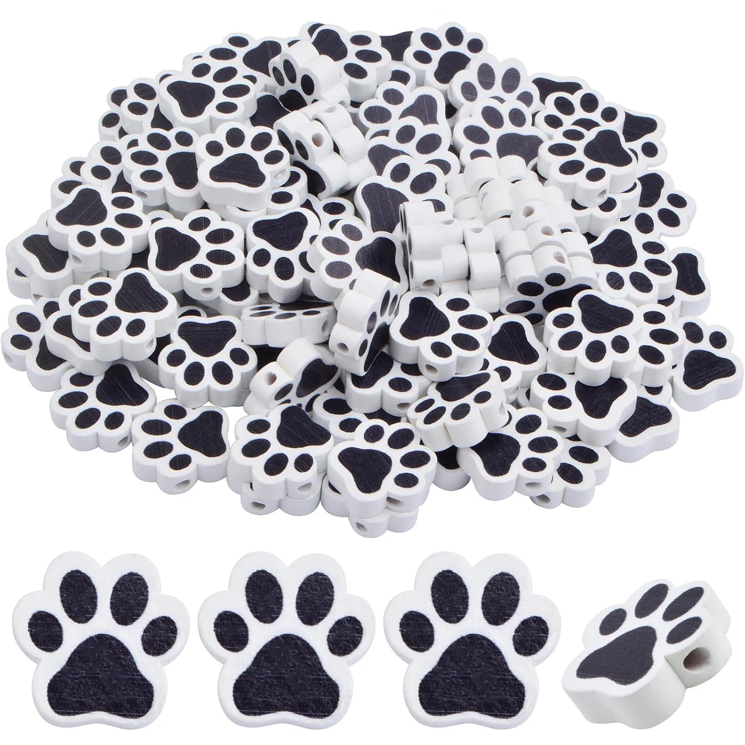 

100 шт. деревянных бусин-разделителей в форме собачьих лапок - черно-белые деревянные бусины для рукоделия, изготовления украшений, декора для вечеринок и дома