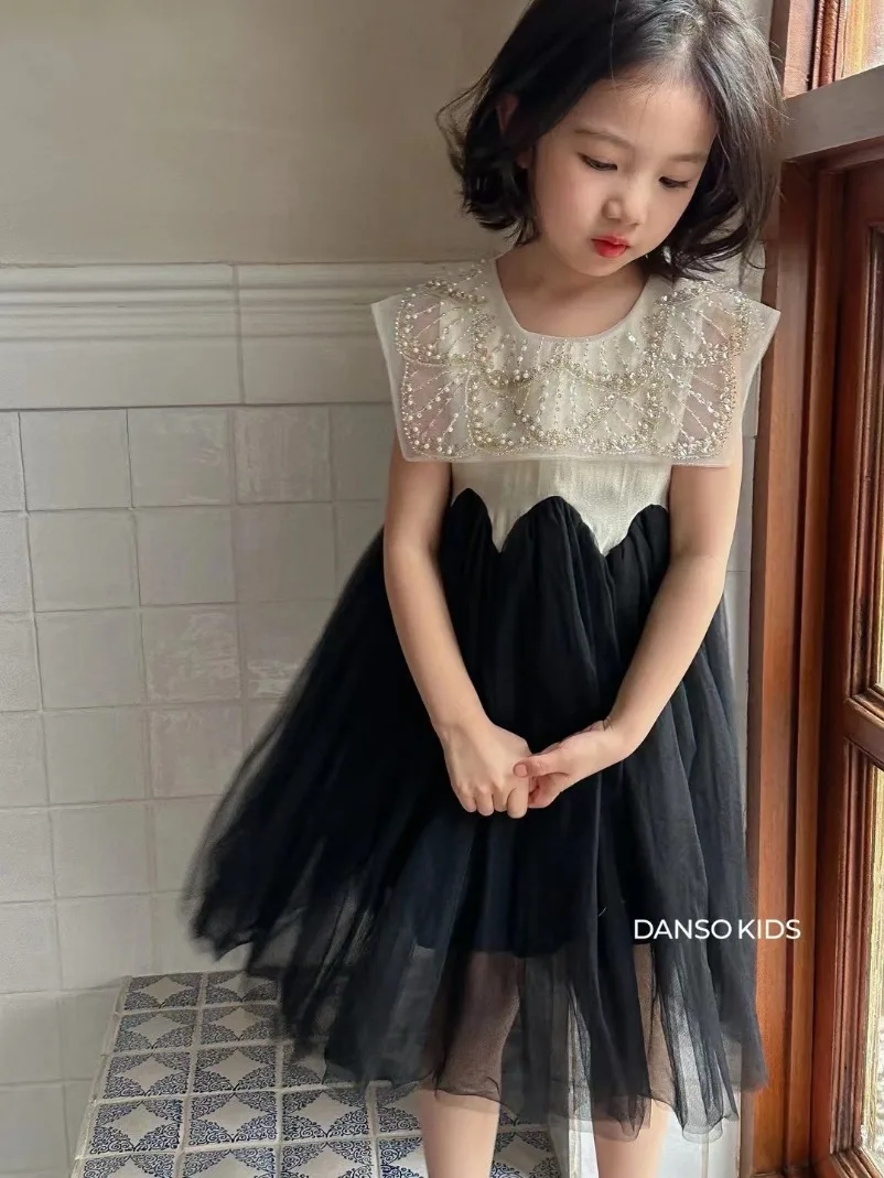 Girl Princess Summer New Dress Gauze Dress 2025 Square Collar Heavy Industry Net Yarn Stitching Sleeveless Vest Dress