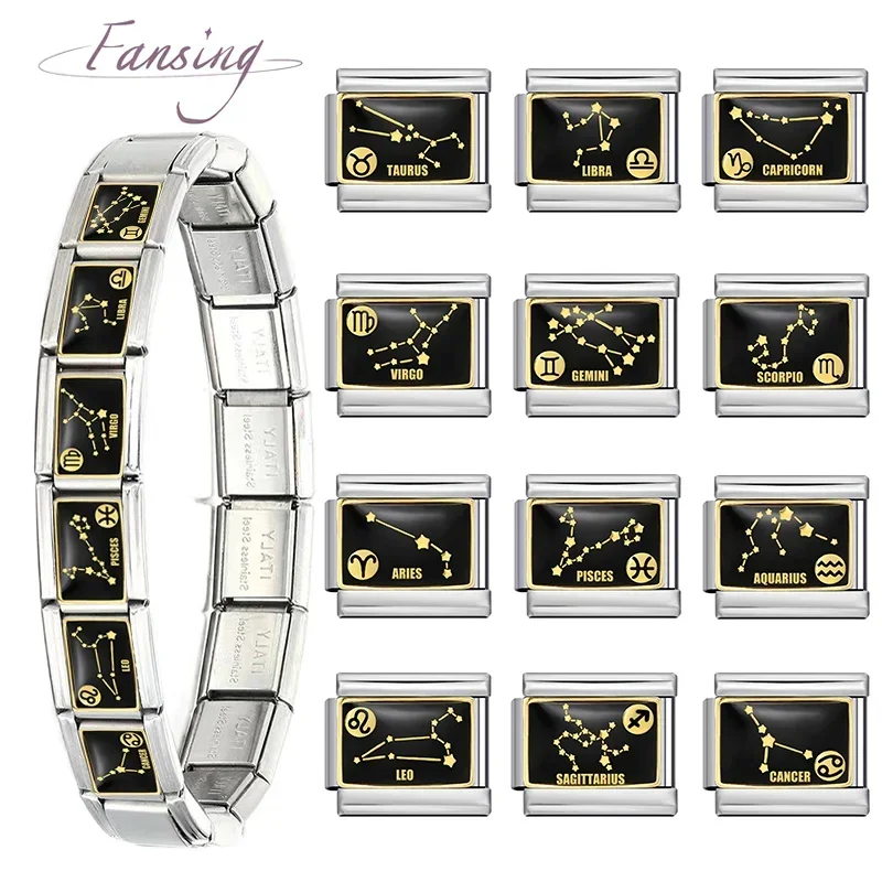 12 Sternzeichen-Charms, italienische Glieder, passend für 9 mm modulares Sternbild-Armband, DIY-Edelstahl-Schmuck im Großhandel