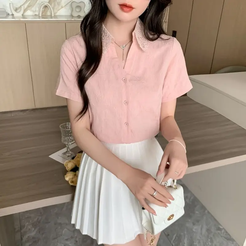 

Summer Fashion Lace Turn-down Collar Patchwork Thin Solid Shirts Women's Elegant Slim Pure Cotton Short Sleeve Tops