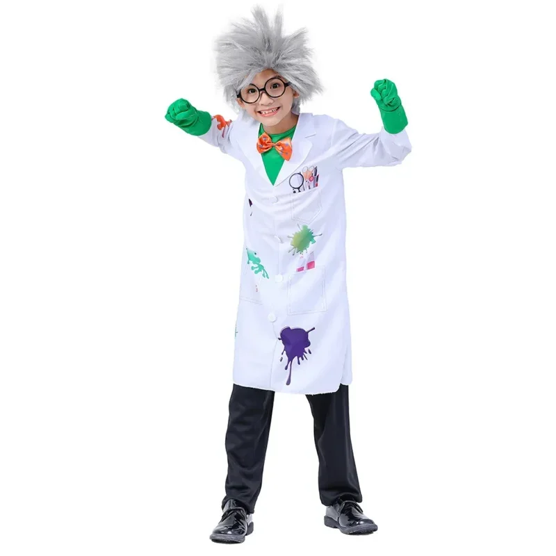 Children Boy Psycho Crazy Scientists Cosplay Costumes Wig Pants Glasses Gloves Kids RolePlay Doctor Scientist Profession Clothes