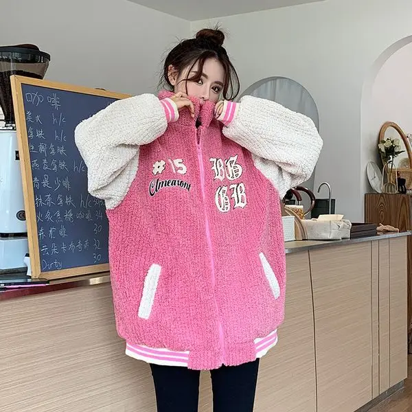 Female thickening jacket coat American retro oversize loose embroidered quilted jacket baseball uniform cotton-padded jacket Y2K