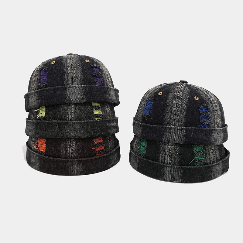 

Vintage Denim Broken Hole Brimless Melon Cap Men Women Adjustable Dome Hip Hop Skullcap Beanie Bonnet Solid Color Street Hats