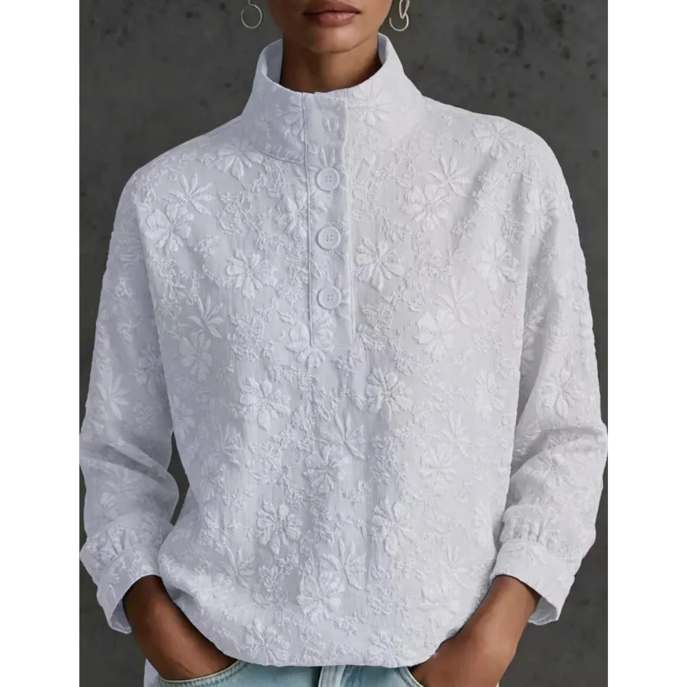 Autumn New Fashion Half Turtle Collar Floral Women Long Sleeve Sweatshirt Casual Button Stand Collar Female Versatile Office Top