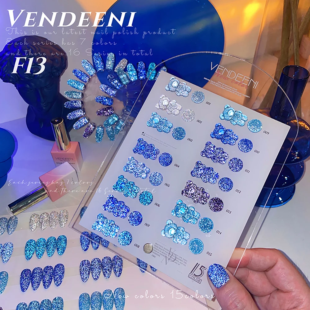 Vendeeni 15 Farben/Set Blauer Glitzer-Broken-Diamond-Gel-Nagellack Semi-Permanenter UV-LED-Soak-Off-Gel-Lack mit Display – Detail 12