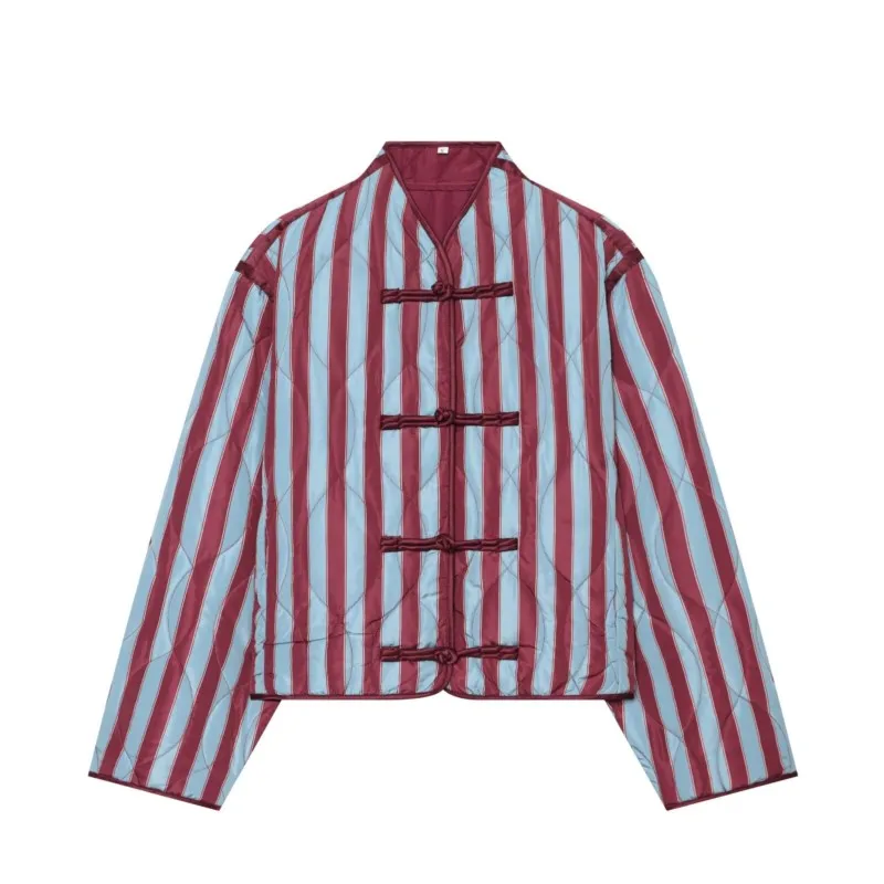 HipSeam Women's Striped Puffer Jacket New 2026 Autumn High-Collar Long Sleeve Frog Fastening Loose Woman Coat Chic Female Coats