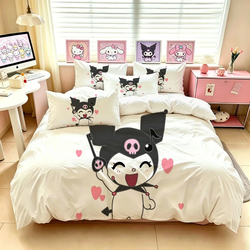 Sanrio Girls Duvet Cover Kuromi Bedding Sets Digital Printing Quilt Cartoon Kids Bed Set Pillowcase For Boy Adult Gift