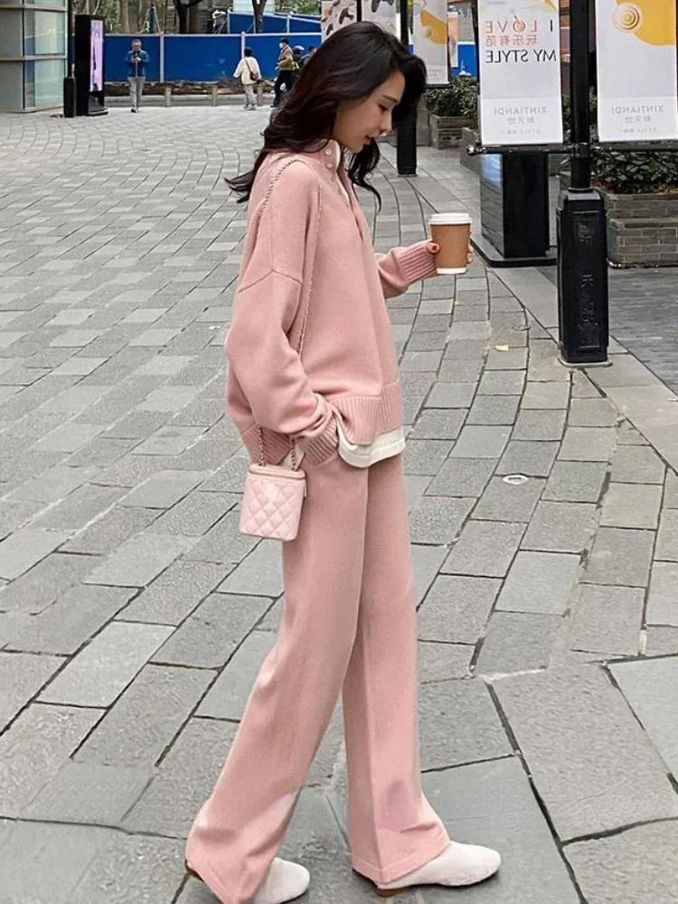 Women Knitted Sweater Sexy Two Piece Sets 2023 New Autumn Winter Warm Casual Long Sleeve Pullovers Wide Leg Pants Ladies Suits