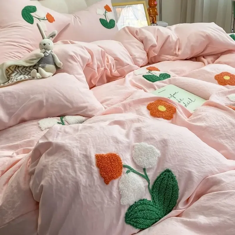 Cute Flower Embroidery Bedding Set Pink Girls Duvet Cover With Sheet Pillowcase Soft Washed Cotton Bed Linen Decor Home Textiles