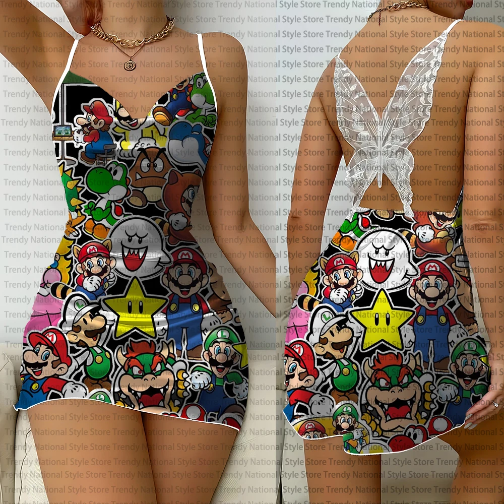 New Style Cartoon Anime Super Mario Print Women's Suspender Dress Casual Fashion Simple Home Clothing Lace Backless Dress