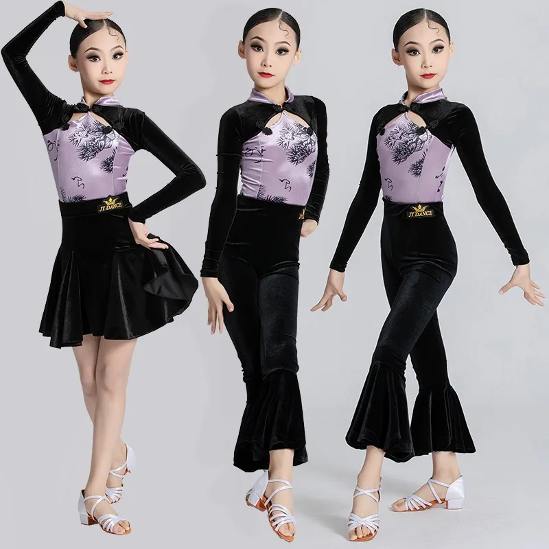 Tenue de danse latine pour filles, ensemble pantalon évasé en velours hiver et automne, pour spectacles chinoises, tenue de danse pour enfants