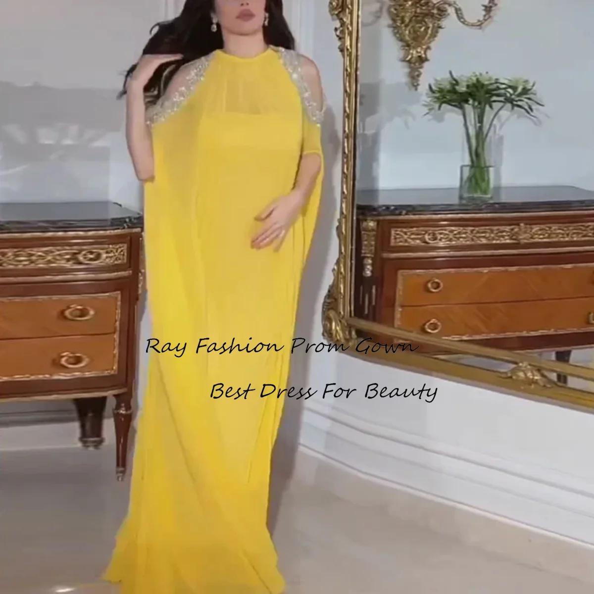 

Ray Fashion A Line Evening Dress Chiffon O Neck Half Sleeves With Sequins For Women Formal Occasion Party Gown فساتين سهرة