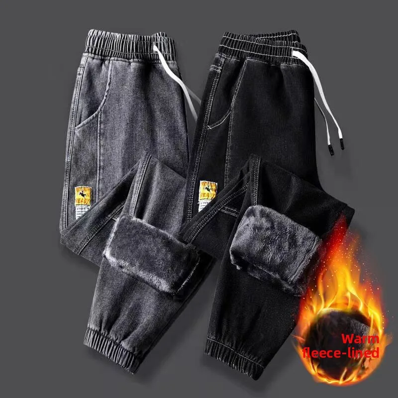 Fce gevoerde, losse jeans voor heren, lange broek met middelhoge taille, casual Sle, winterseizoen, faiontrend