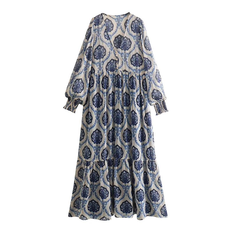 Casual Peacock Pattern Print Long Dress V-Neck Elegant Summer Lady Long Sleeves Vocation A-Line Dresses Beach Holiday Clothing