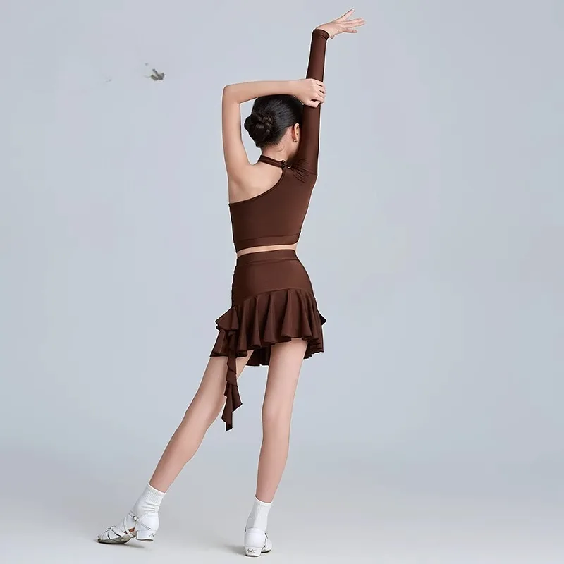 Girls Latin Dance Clothes Red Brown Suit Cha Cha Rumba Samba Training Tops Skirt Practice Clothing Kids Dance Dress