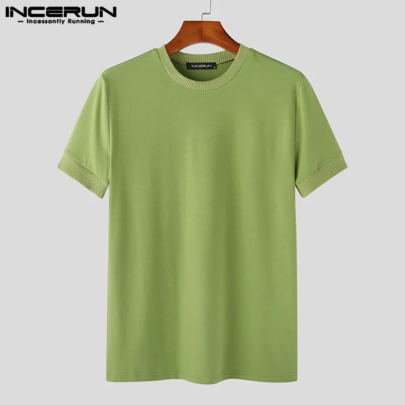 INCERUN 2023 Men\'s T Shirt Round Neck Short Sleeve Streetwear Korean Basic Tee Tops Solid Color Summer Casual Men Clothing S-5XL