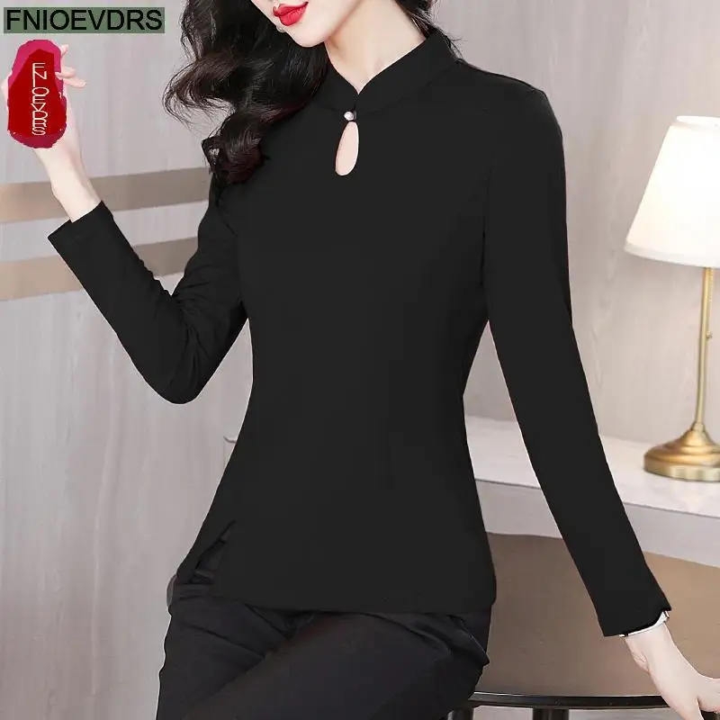 M-4XL 2024 Spring Autumn Stand Collar Tops Women Basic Wear Office Lady Long Sleeve Retro Vintage Elegant Button Shirts Blouses