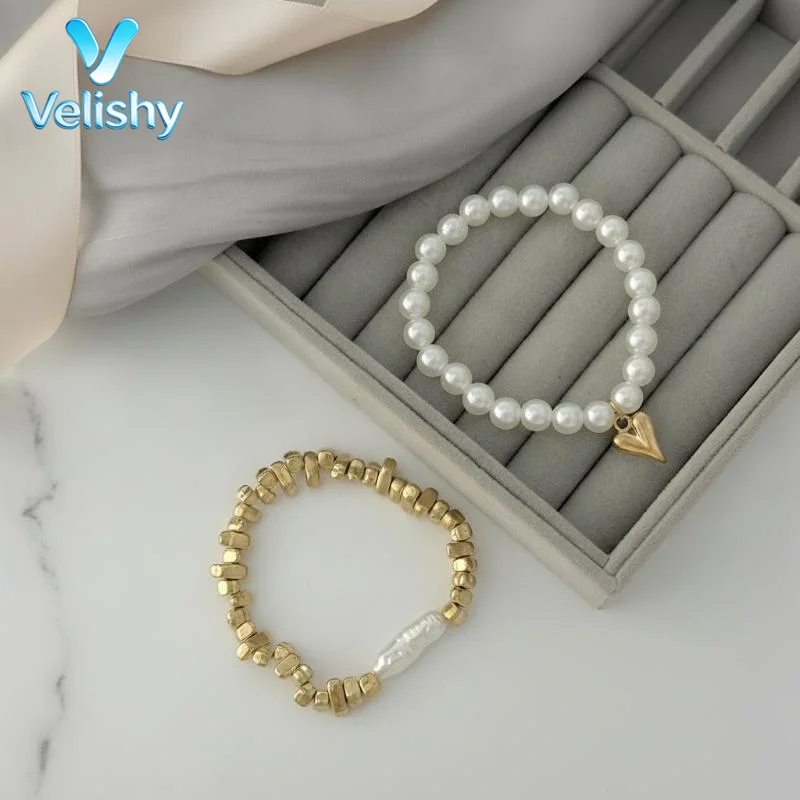 2Pcs Gentle Imitation Pearls Bracelets Metal Heart Pendant Cube Chain Jewelry for Mom Gifts