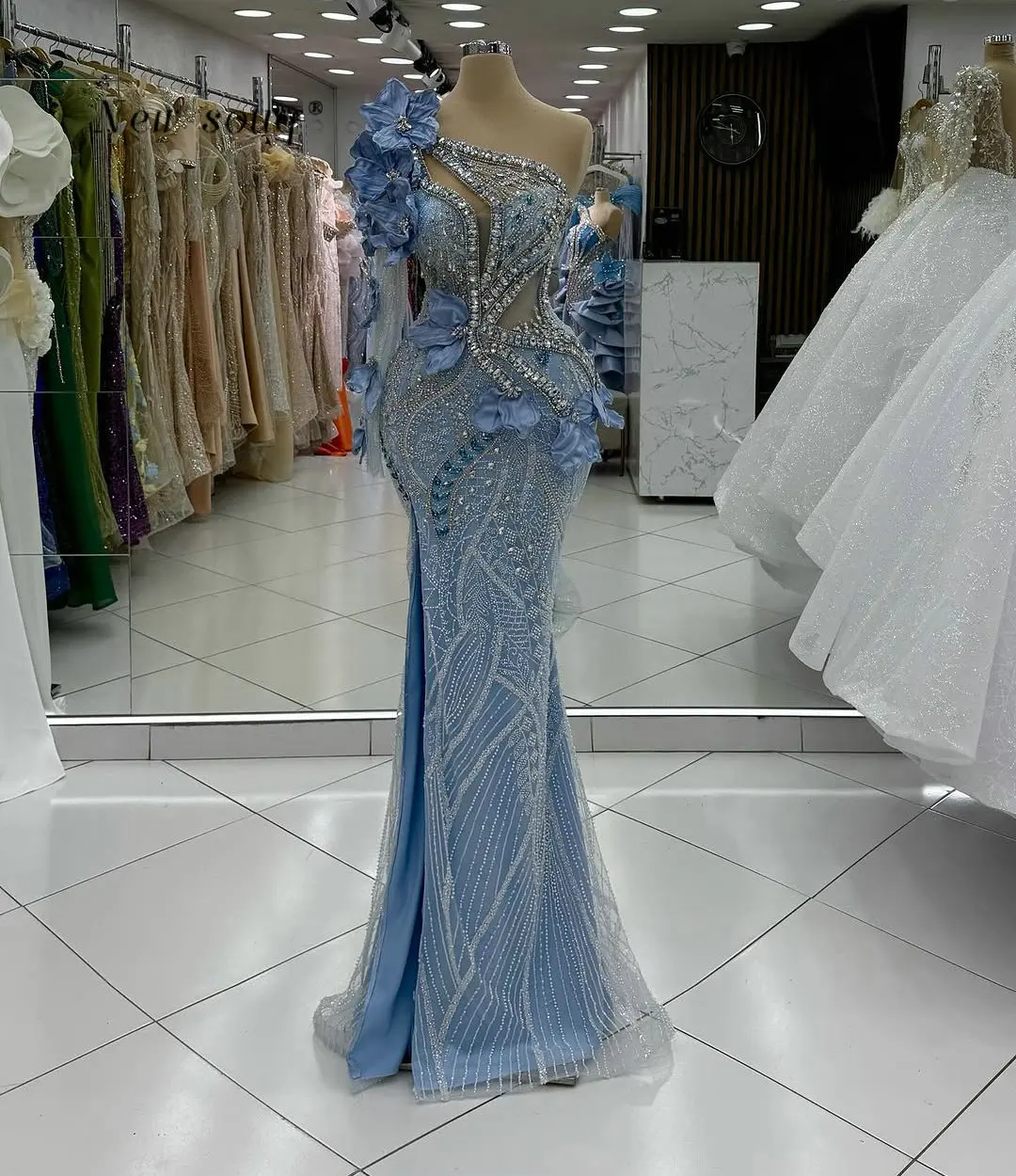 

Синие вечерние платья русалки на одно плечо с длинными рукавами и разрезом из кристаллов 3D цветочные вечерние платья для свадьбы и ужина по индивидуальному заказу