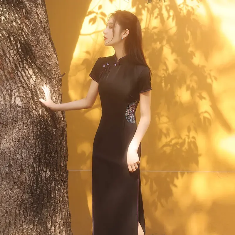 فستان BlackCheongsam على الطراز الصيني فستان نسائي عتيق أنيق من الدانتيل لحفلات رأس السنة الجديدة فساتين تشيباو للسيدات فساتين صيفية ضيقة