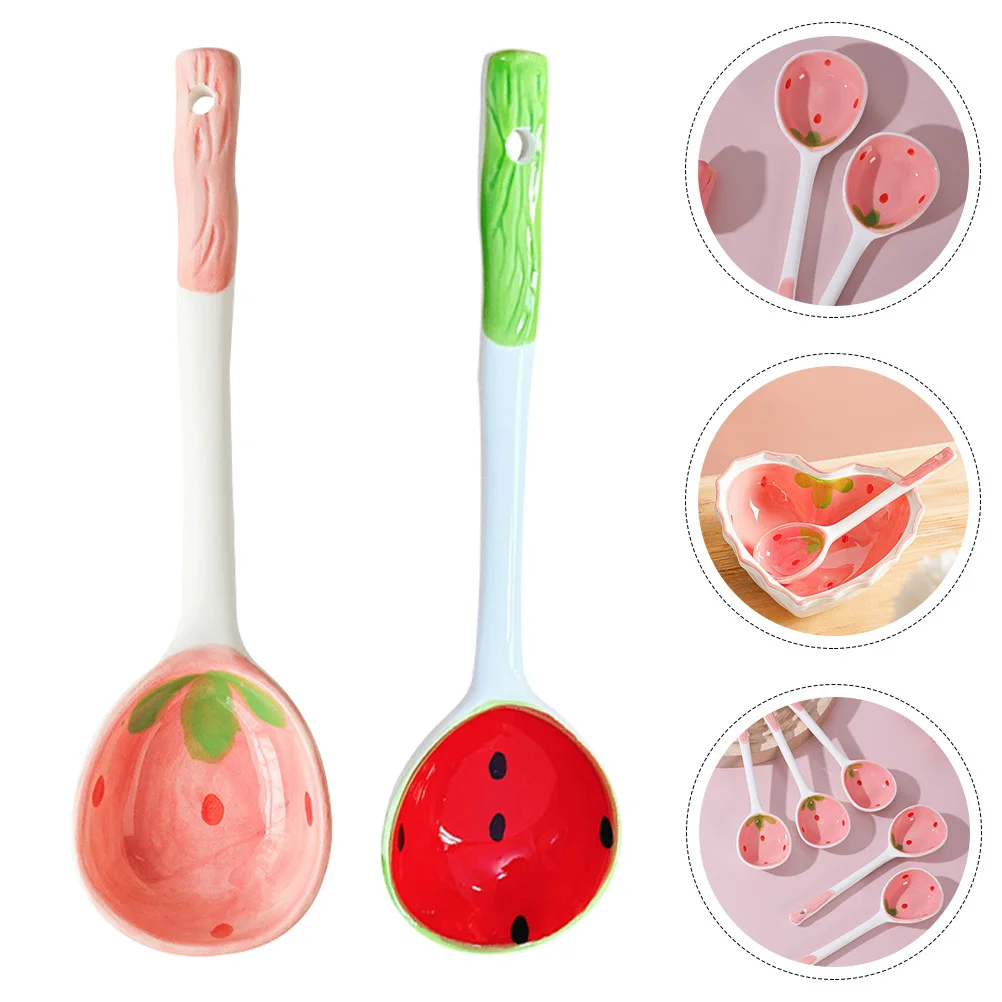 2 قطعة تصميم الفاكهة السيراميك ملاعق الحلوى خفيفة الوزن الآيس كريم كعكة ملاعق حواف ناعمة مصقول أدوات المائدة المنزلية