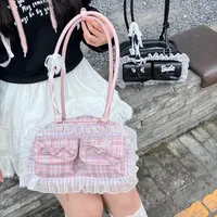 MBTI Lace Elegant Womens Shoulder Bag Sweet Plaid Fashion Designer New in Handbag Leather Korean Style Luxury Ladies Armpit Bag