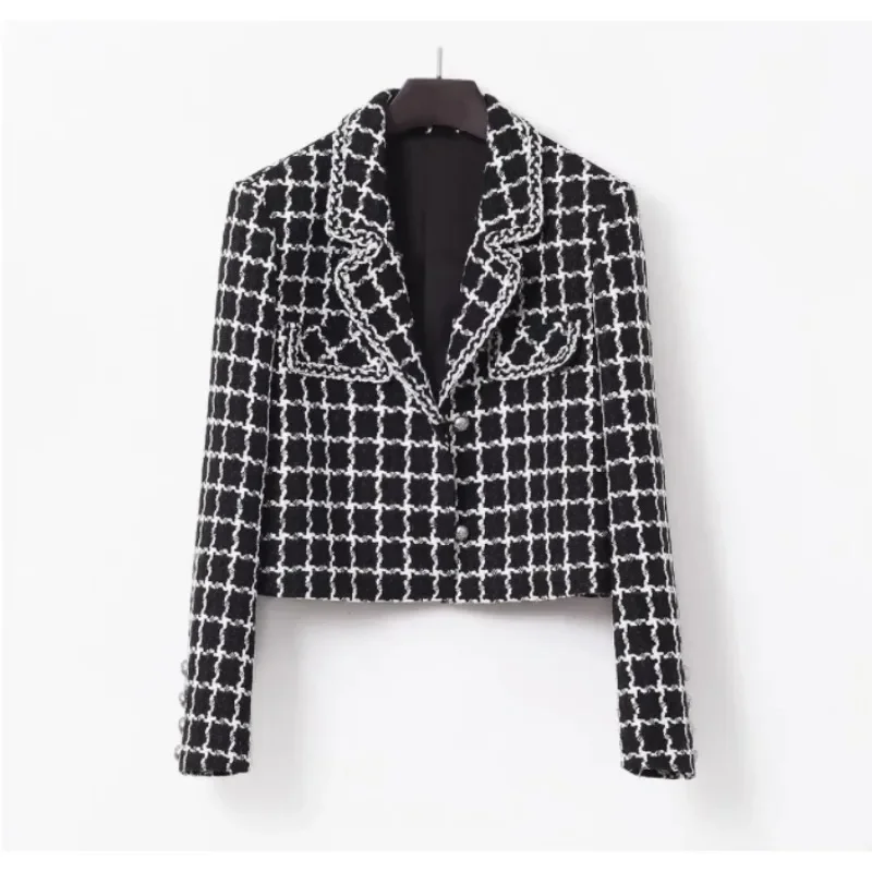 Autumn Black and White Checkered Small Fragrant Coat Korean Version Design Sense Short Style Style Coat Fashion Tweed New