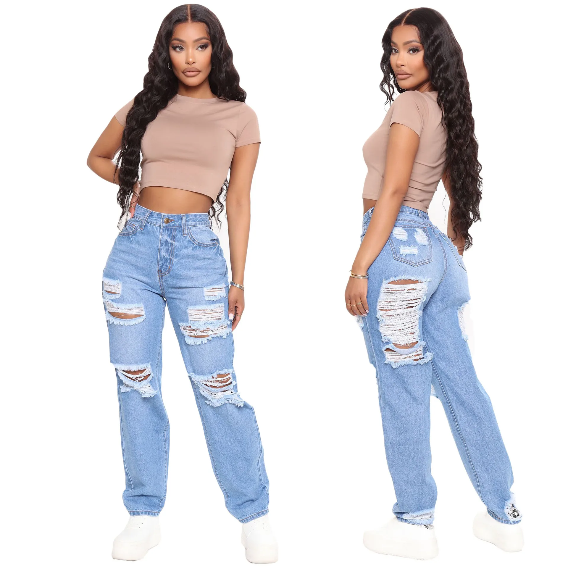 Women Jeans Ripped Hole Vintage Wide Leg Jean High Waist Ankle Length Denim Pants Solid Distressed Pockets Loose Fit Casual