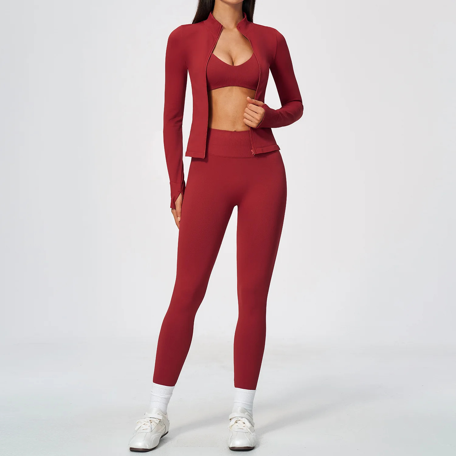 Seamless Yoga Set 3 Piece Fitness Suit Women Gym Clothing Ribbed Zip Thumb Hole Jacket Sports Bra Butt Lifting Leggings Running