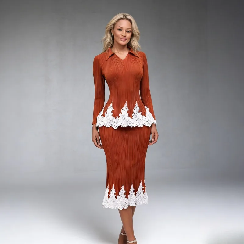 

Miyake Pleated Skirt Set Plus Size 2026 Summer New Lace Patchwork Bodycon 2-Piece Set Turn-Down Collar Waist-Slimming Long Skirt