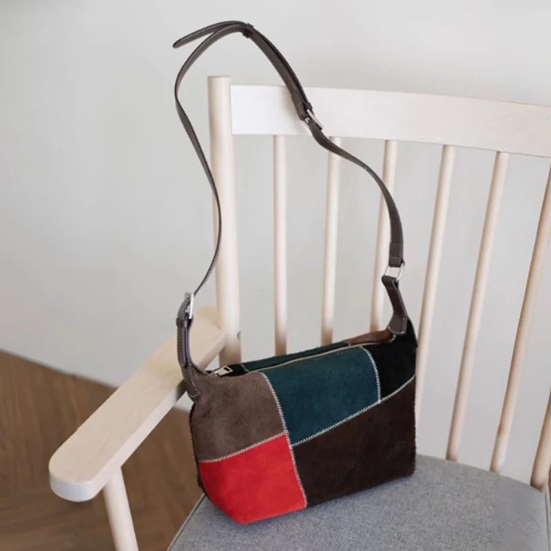 

Luxury Suede Shoulder Bag Vintage Soft Multi-color Splicing Crossbody Bag Casual Versatile Women's Bag Patchwork Block Handbag