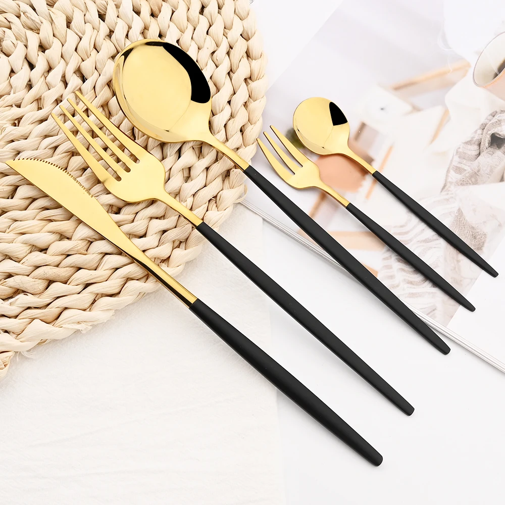 20Pcs Black Silver Cutlery Set Knife Fork Spoon Dinnerware Set Stainless Steel Cake Fork Coffee Spoon Tableware Kitchen Flatware